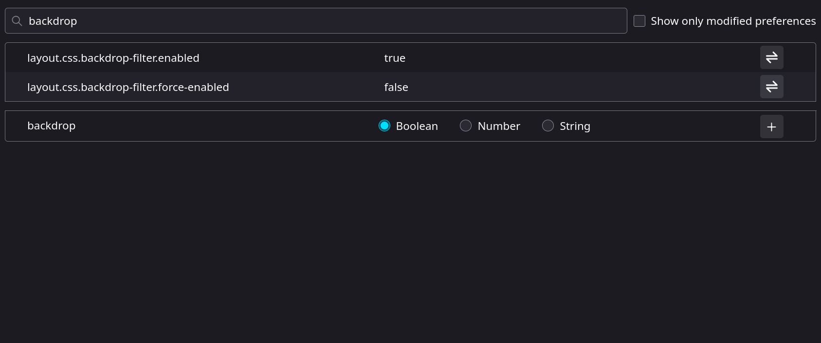 Screenshot of the about:config where the search bar is filled with "backdrop" and below it is an option named `layout.css.backdrop-filter.enabled`. The option is turned on in this screenshot, indicated by the "true" on the center.
